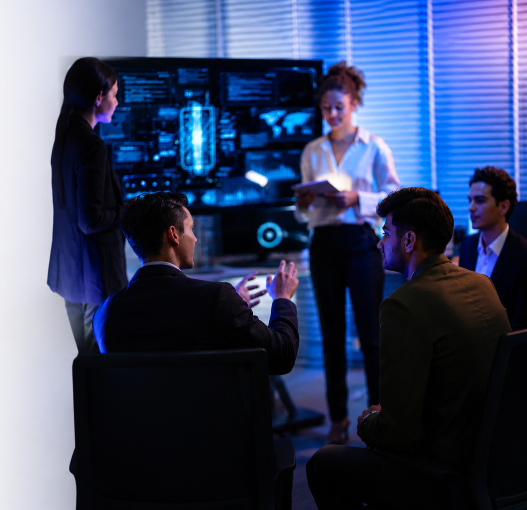 Equipo de especialistas trabajando en una solución fiscal digital para empresas